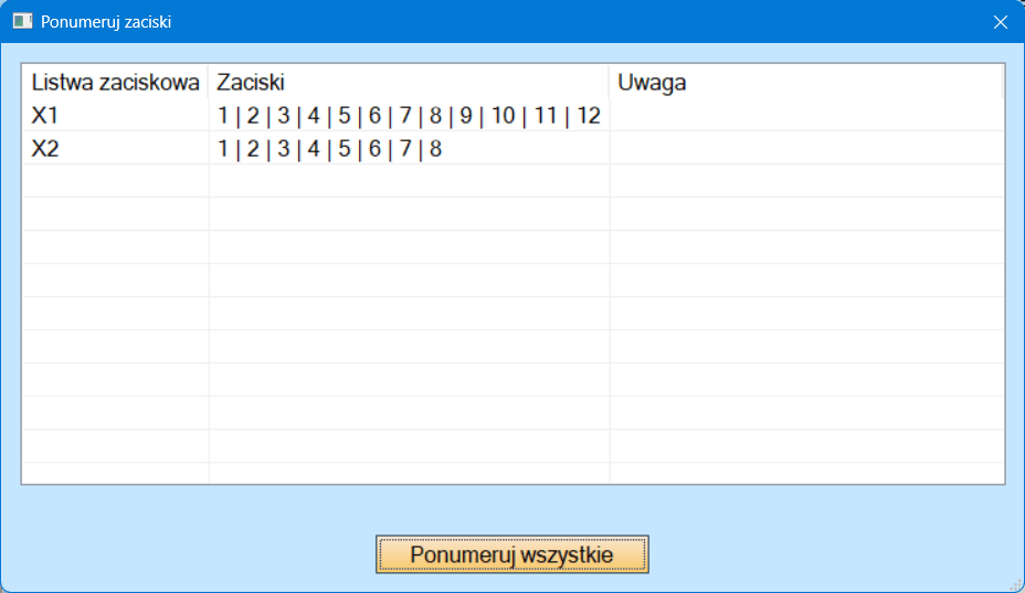Okno Ponumeruj zaciski po numerowaniu
