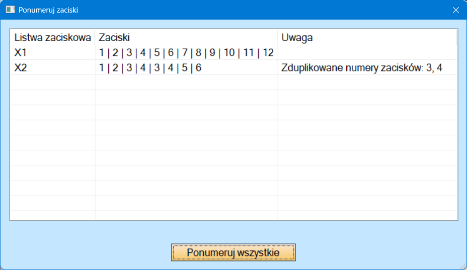 Okno Ponumeruj zaciski przed numerowaniem